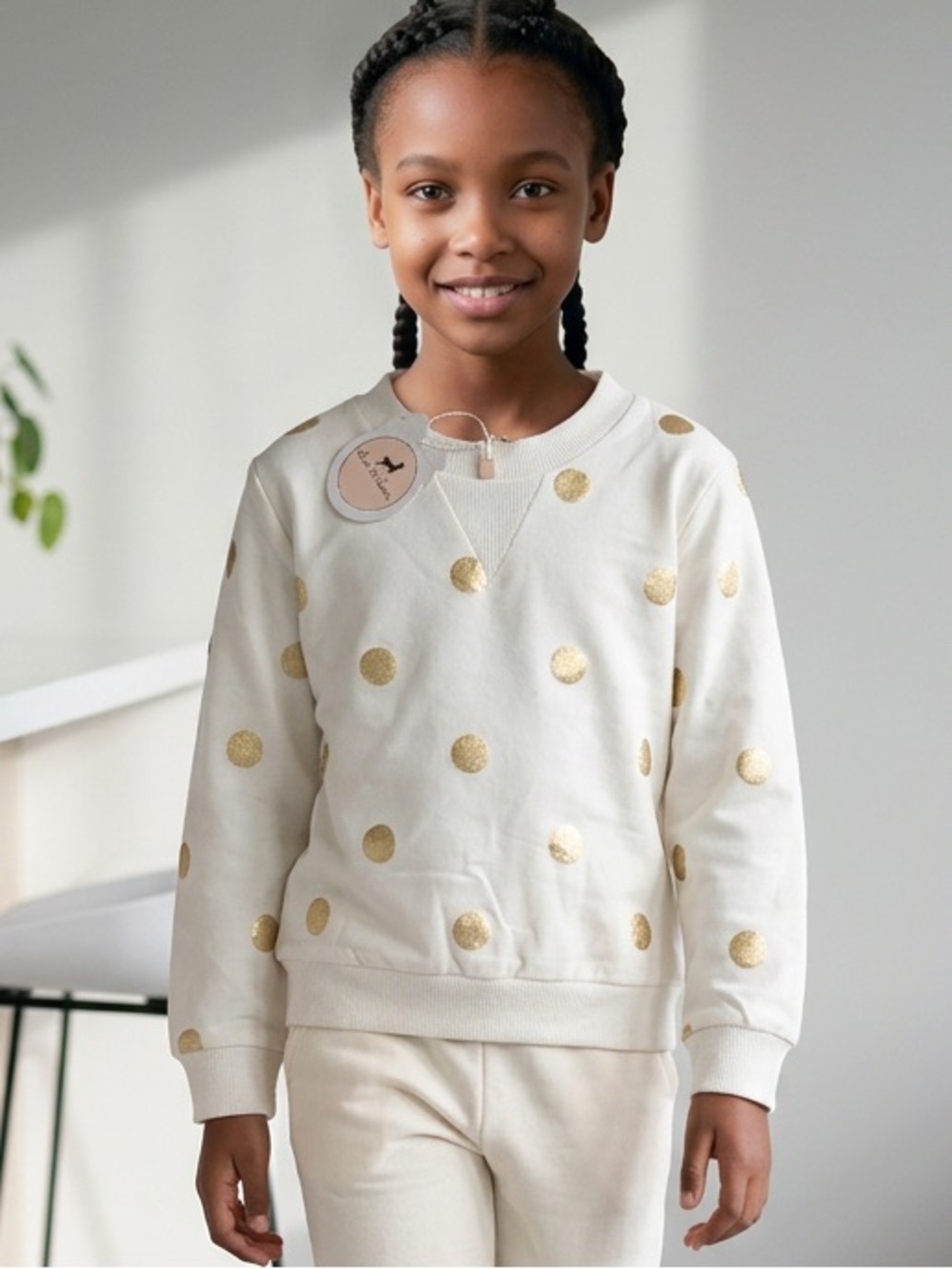 NWT Doe A Dear Toddler Girls White Gold Polk a Dot Long Sleeve Top Sweatshirt 3T